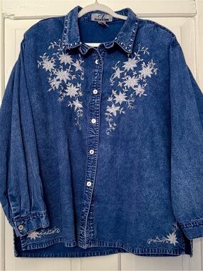 cZ Women’s Dark Blue Denim Button Up with floral embroidery and pearl detail